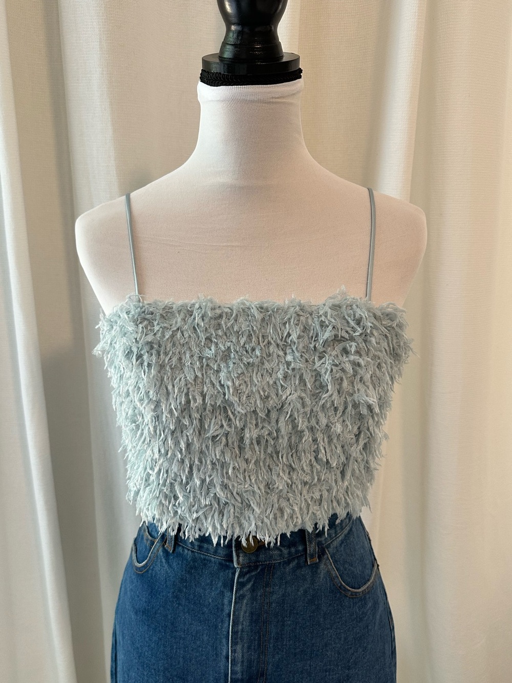 NWT Zara Light Blue Fuzzy Spaghetti Strap Crop Top